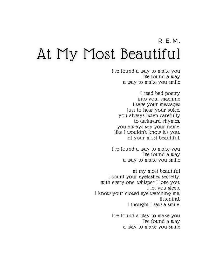 At My Most Beautiful R.E.M. Lyrics Art Etsy