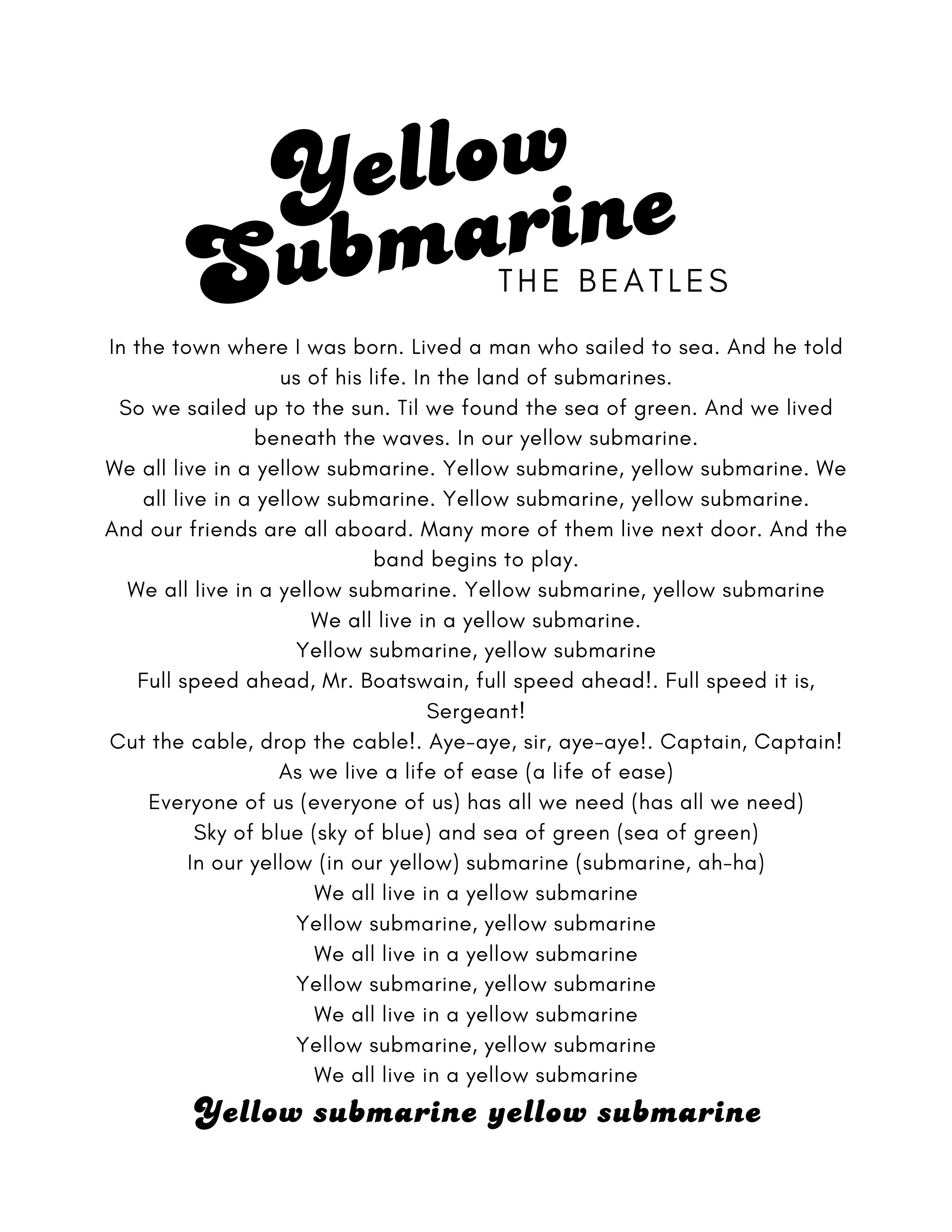 Yellow Submarine - the Beatles Lyrics Art - Etsy