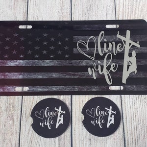 Linewife American Flag License Plate, Lineman's Wife License Plate,  Linewife Personalized License Plate, Matching rubber coasters.