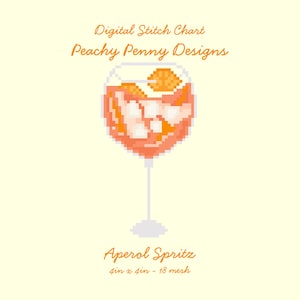 Könnte beinhalten: Pixelige Illustration eines Aperol Spritz Cocktails in einem Stielglas. Das Getränk ist orange mit Eiswürfeln und einer Garnierung. Der Text "Digital Stitch Chart Peachy Penny Designs" und "Aperol Spritz" sind angezeigt.