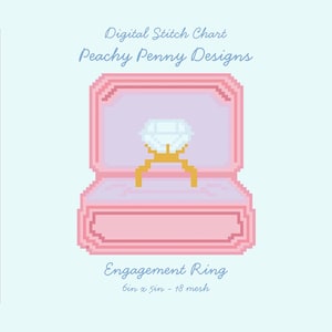 May include: A digital stitch chart by Peachy Penny Designs featuring a pixelated engagement ring in a pink box. The ring has a gold band and a large, clear diamond. The text "Engagement Ring" is below the box, with size details.