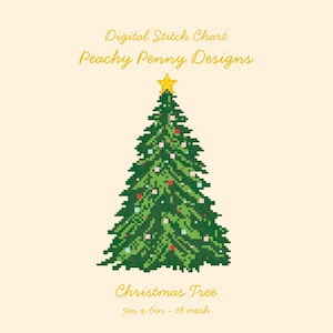 May include: A digital stitch chart by Peachy Penny Designs featuring a pixel art Christmas tree with a yellow star topper and small red, pink, and blue ornaments. The text reads Digital Stitch Chart, Peachy Penny Designs, Christmas Tree, 5in x 6in - 18 mesh.