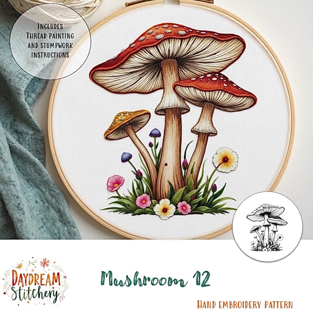 PDF パターン 手刺繍デザイン: キノコ 12a (菌類、菌糸体、自然、菌類
