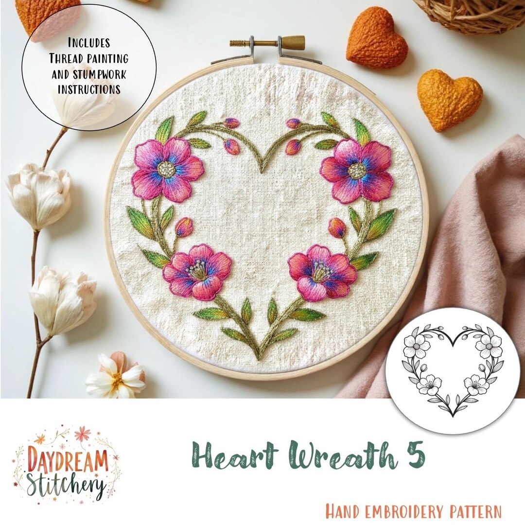 PDF Pattern Hand Embroidery Design: Heart Wreath 5 (valentines Love ...