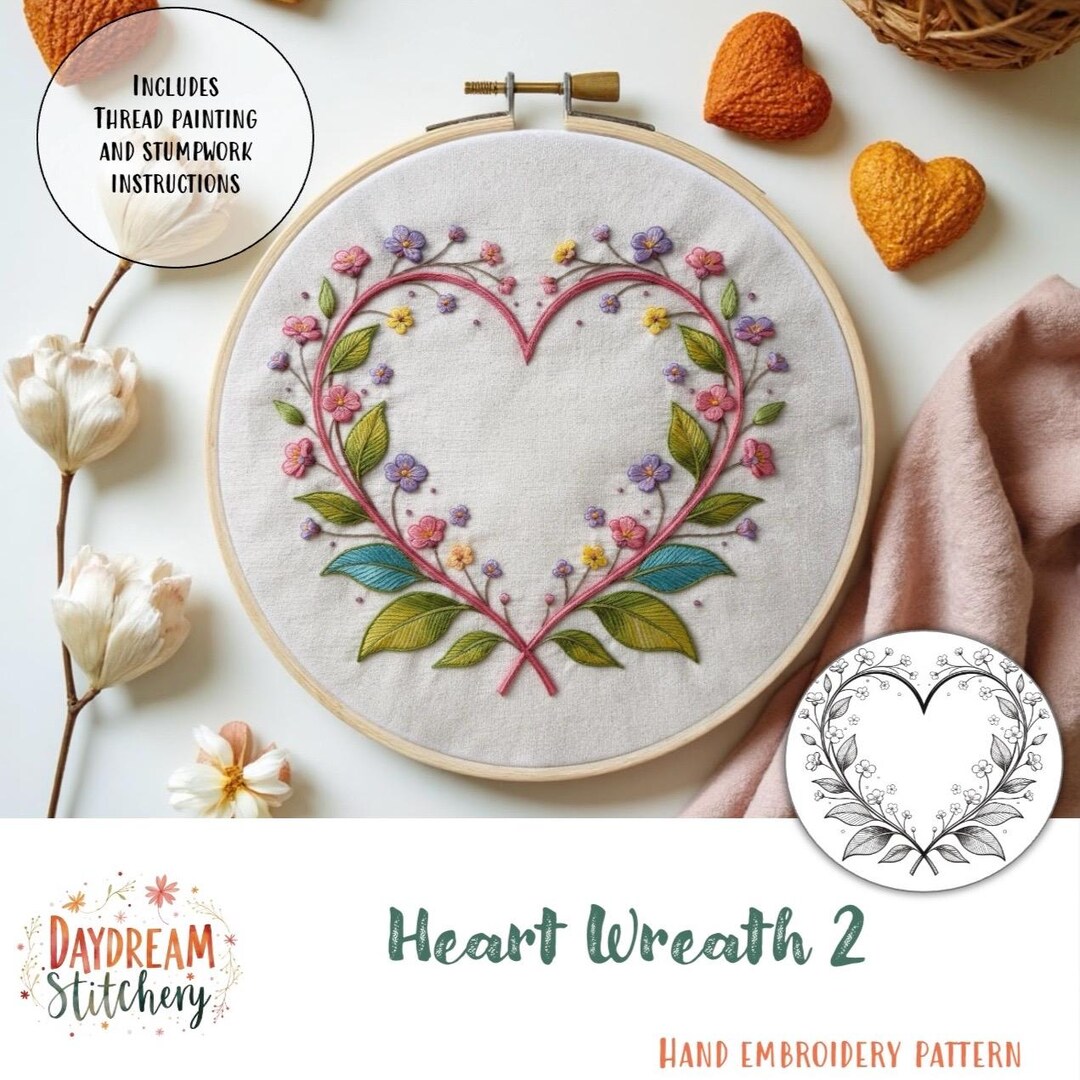 PDF Pattern Hand Embroidery Design: Heart Wreath 2 (valentines Love ...
