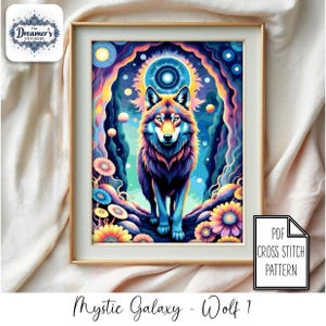 May include: Framed art print featuring a colorful wolf illustration. The artwork, titled "Mystic Galaxy - Wolf 1," showcases a vibrant wolf against a cosmic background with flowers. Includes a PDF cross stitch pattern.