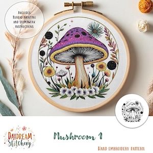 PDF Pattern hand embroidery design: Mushroom 1a (fungi mycelium nature fungus spore mycology flora cottage core  download printable guide)