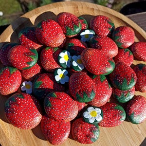 Handpainted  stones set Painted strawberries pebbles Set of stone strawberries