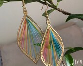 Embroidered Earrings,Earrings For Women, Silk Thread,Oriental ,Gold ,Rainbow,Handmade, Dangle Drop Earring ,Leaf-shaped (EE106)
