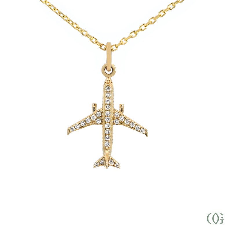 Airplane Diamond Pendant 14K Gold Unique Contemporary Charm, Sparkling
