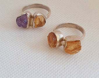 raw citrine rings 925 silver,rough citrine ring,raw crystal ring,silver crystal rings,gemstone jewellery,birthstone rings,adjustable rings