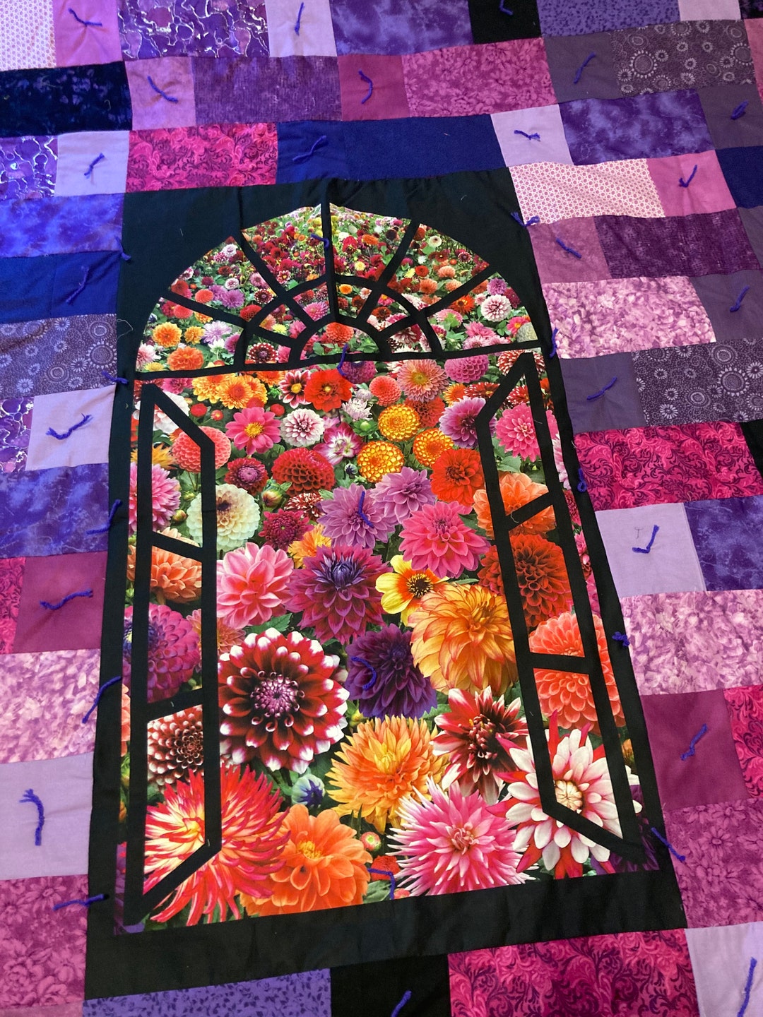 Brick Flowers - Window Pane - Panel Quilt - Purple - King - Queen - - Etsy