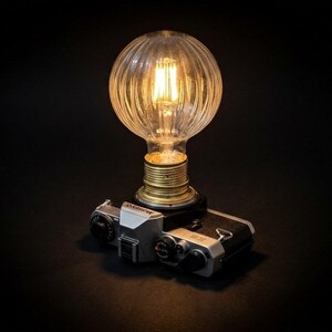 Peut inclure: Une lampe unique avec une ampoule claire en forme de globe côtelé, dégageant une lumière chaude. L'ampoule est montée sur le corps d'un appareil photo vintage, créant une esthétique rétro-industrielle. L'appareil photo est argenté et noir.