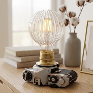 Peut inclure: Une lampe de table fabriquée à partir d'un boîtier d'appareil photo argentique vintage argenté et noir. La lampe présente une grande ampoule ronde en verre transparent avec des nervures verticales et un filament visible, fixée sur une douille en laiton.