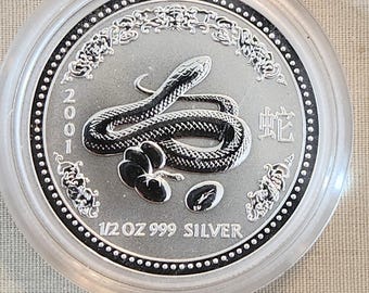 2001 australia snake lunar zodiac series one 1/2 Troy oz 999 fine pure silver 50 cent half dollar 32mm mintage 30,904 brilliant unc BU coin