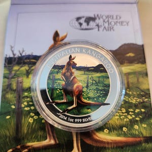 2014 australia world money fair Berlin 1 troy oz 999 fine silver kangaroo color proof orig cap box low mintage