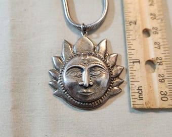 vintage collectible sterling silver mexican pre columbian aztec or mayan smiling sun pendant 12 grams w base metal long chain