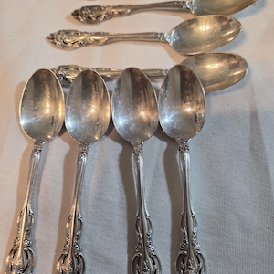 May include: A selection of silver spoons with decorative handles and oval bowls. The spoons are arranged on a light-coloured surface, highlighting their reflective nature and intricate designs. The spoons are likely for serving or eating.