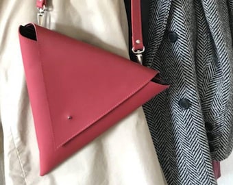 Burgundy leather bag, Shoulder leather bag, Crossbody handbag for women, Triangular leather purse, Unique Christmas Gift for Women