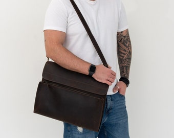 Handmade Leather Messenger Bag for Laptop, Business Briefcase, Crossbody Bag with Engraved Name , Laptop Shoulder Bag, Mens Acessory Gift