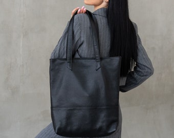 Black Leather Shopper Bag, Large Capacity Tote for Women, Minimalist Everyday Shoulder Bag Made from Genuine Flotar Leather, Trend women bag