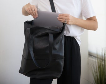 Black leather tote bag, Woman shoulder bag, Handmade personalized leather tote, Shoulder shopper, Gift For Wife, Gifts for Sister, Gifts Her