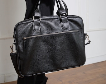 Classic Black Leather Messenger Bag, Office Briefcase, Laptop Satchel, Business Computer Bag for Men, Leather Briefcase Handmade