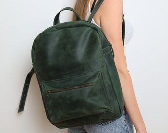 Handmade Leather Backpack, Cute green backpack, Leather Rucksack, Leather backpack women, Travel backpack, Laptop backpack, Christmas Gift