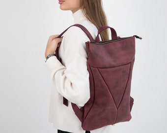 Women's Leather City Backpack, Chic Burgundy Rucksack, Stylish Travel Bag, Urban Style Backpack, Birthday Gift for Sister, Leather Bag