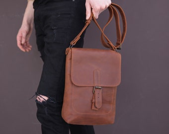 Leather Messenger Bag for Men, Brown Shoulder Bag, Full Grain Handbag, Birthday Gift for Boyfriend, Promotion Gift for Him, Men's Gift Idea