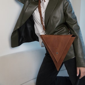 Leather Messenger Bag, Leather Triangle Bag, Womens Messenger Bag, Small Crossbody Bag, Handmade Bag, Cross Body Purse, Stylish Women's Gift image 1