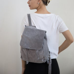 Small leather suede backpack, Vintage backpack women, Suede bag, Mini leather backpack, Soft Suede backpack, Suede handmade backpack light gray