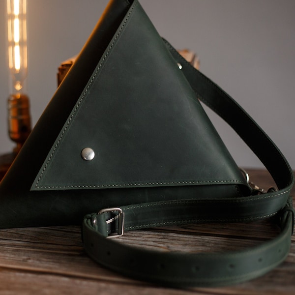 Leather women clutch. Triangle bag. Casual bag. Geometric bag. leather saddle bag, Stylish women bag, unique bag, black Leather purse women