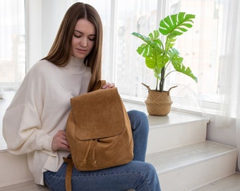 Boho leather backpack women, Brown suede backpack, Cute backpack, Small leather backpack, Vintage backpack women, Suede bag for everyday