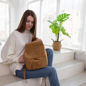 Boho leather backpack women, Brown suede backpack, Cute backpack, Small leather backpack, Vintage backpack women, Suede bag for everyday