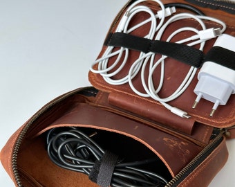 Personalized Leather Cable Organizer, Cord Management, Cable Holder, Travel Organizer Gifts for Her, Personalized Tech Bag Gifts for Men