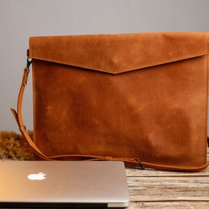 Classic Brown Laptop Pouch, Genuine Leather Case, Stylish Tech Sleeve, Modern Bag, Gift for Student, Gift For Dad, Fathers Day Gift image 9