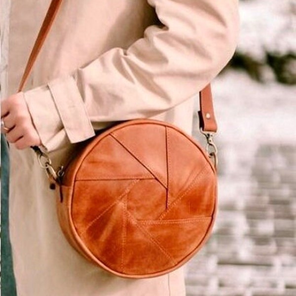 Unique Geometric Womens Bag, Custom Circle Bag, Round Leather Bag, Genuine Crossbody Bag, Round Leather Crossbody Bag, Gift for Mother