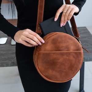 Womens Leather Round Bag, Round Leather Purse, Leather Shoulder Bag, Black Crossbody Bag, Unoque Circle Bag, Small Round Bag, Gifts for Her image 2