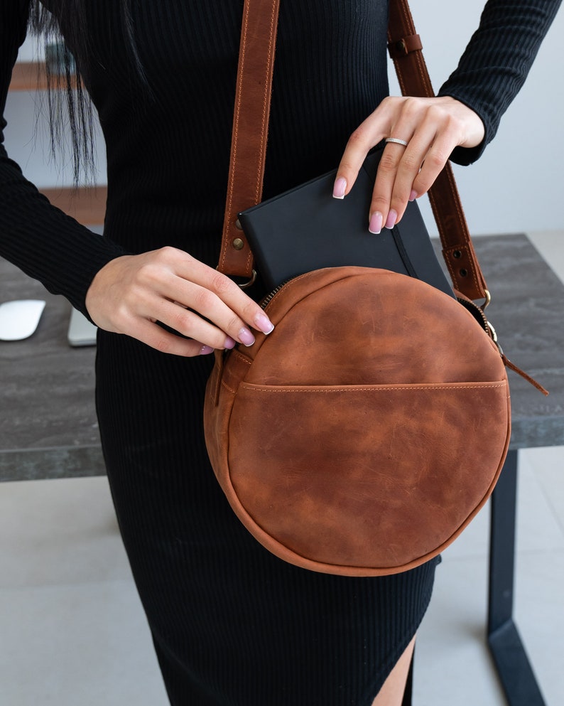 Womens Leather Round Bag, Round Leather Purse, Leather Shoulder Bag, Black Crossbody Bag, Unoque Circle Bag, Small Round Bag, Gifts for Her image 2