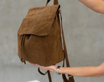 Boho Leather Backpack Women, Brown Suede Backpack, Cute  display picture 3