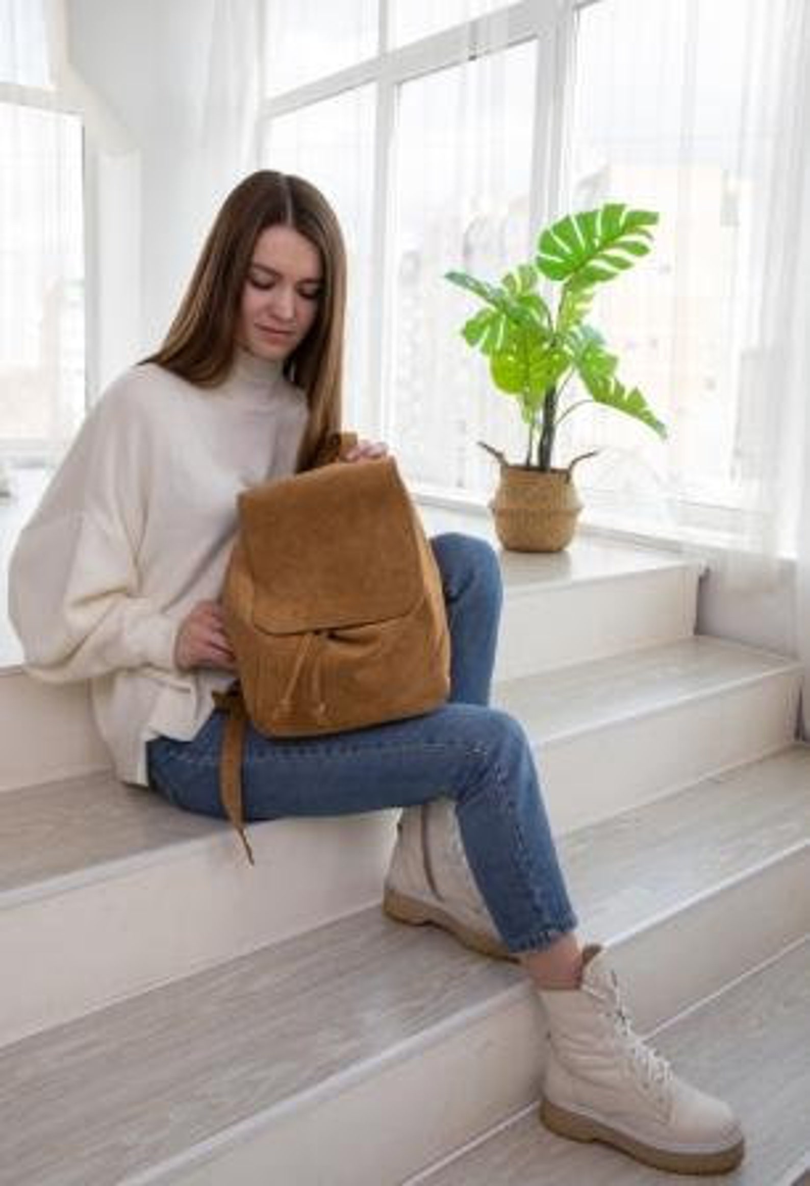 Brown Suede Backpack Leather Backpack Women Cute Backpack Etsy