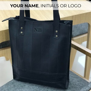 Leather tote bag for woman, Laptop tote bag, Black leather tote, Leather satchel, Leather work bag, Monogram tote bag, Everyday bag image 3