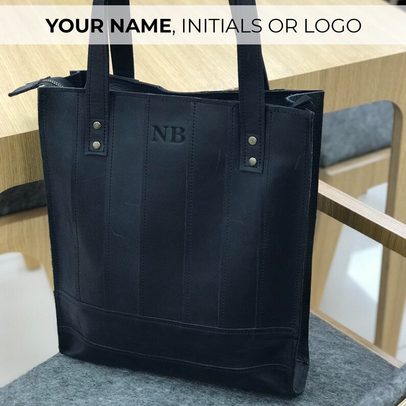 Leather tote bag for woman, Laptop tote bag, Black leather tote, Leather satchel, Leather work bag, Monogram tote bag, Everyday bag image 3