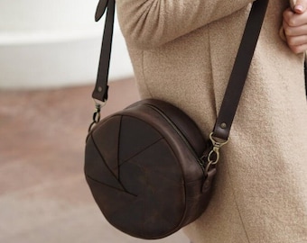 Personalized Geometric Circle Leather Crossbody Bag, Customized Shoulder Bag, Christmas Gift for Daughter, Minimalist Purse for Women