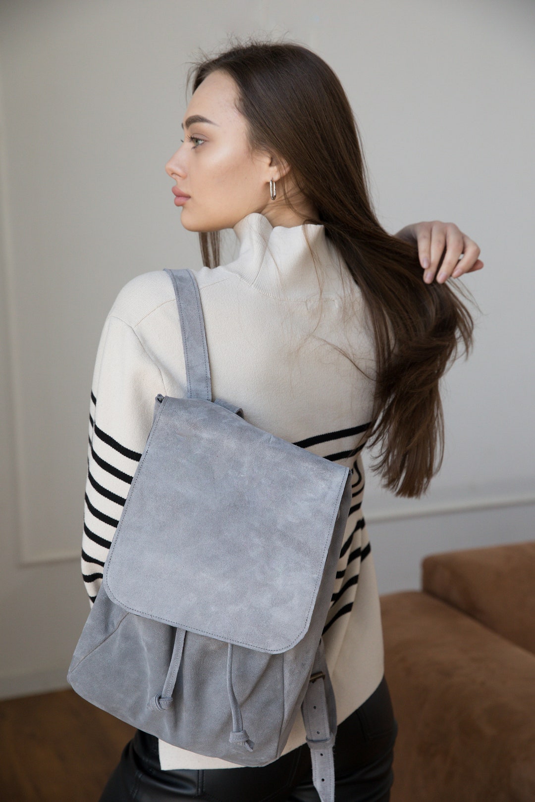 Suede Computer Backpack Suede Backpack for Women, Leather Laptop Backpack, Light Grey Hipster ...