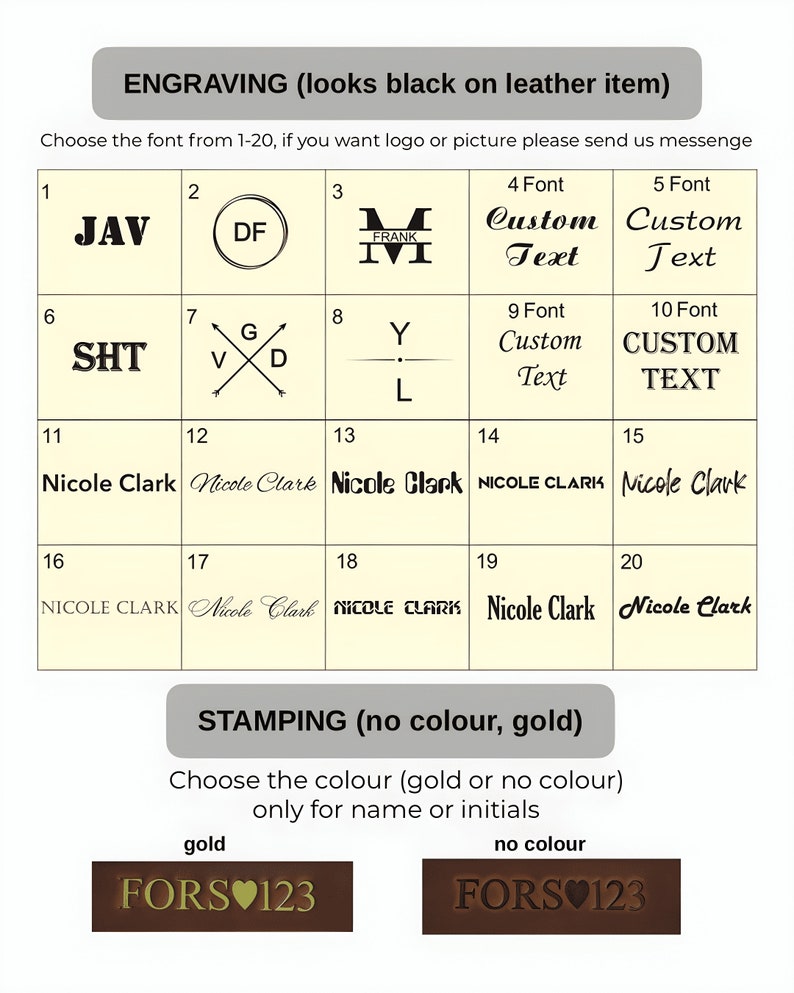 May include: Image showcasing engraving and stamping options for leather items. Includes font choices 1-20 for engraving, and examples of gold and no-color stamping. Text reads "ENGRAVING" and "STAMPING".