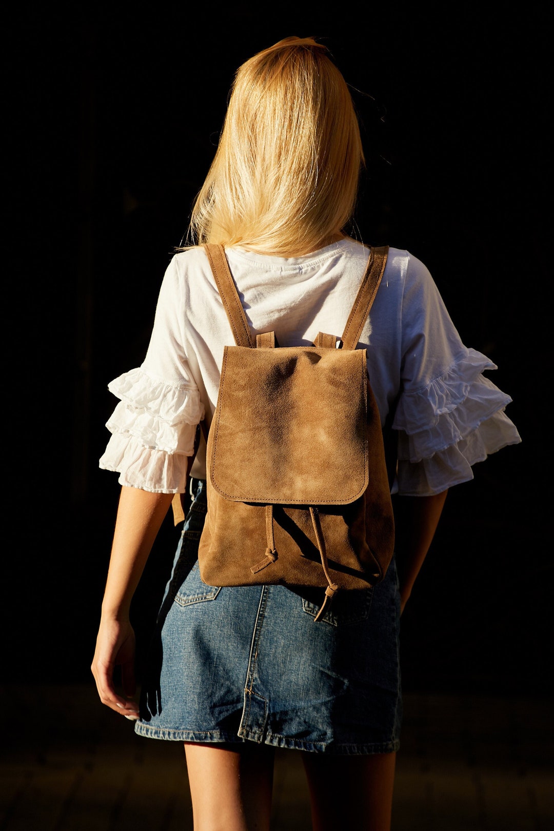 ★EMS★ SUEDE BACKPACKNAVY Suede Backpack for Women, Handmade Leather Laptop Backpack