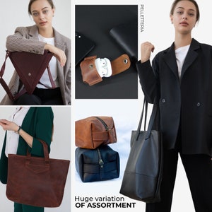 May include: A collage of leather goods, including a burgundy triangular crossbody bag, a brown leather AirPod case, a brown tote bag, a black tote bag, and two leather toiletry bags. The text "Huge variation OF ASSORTMENT" is at the bottom.