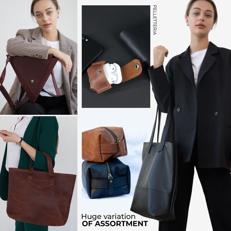 May include: A collage of leather goods, including a burgundy triangular crossbody bag, a brown leather AirPod case, a brown tote bag, a black tote bag, and two leather toiletry bags. The text "Huge variation OF ASSORTMENT" is at the bottom.